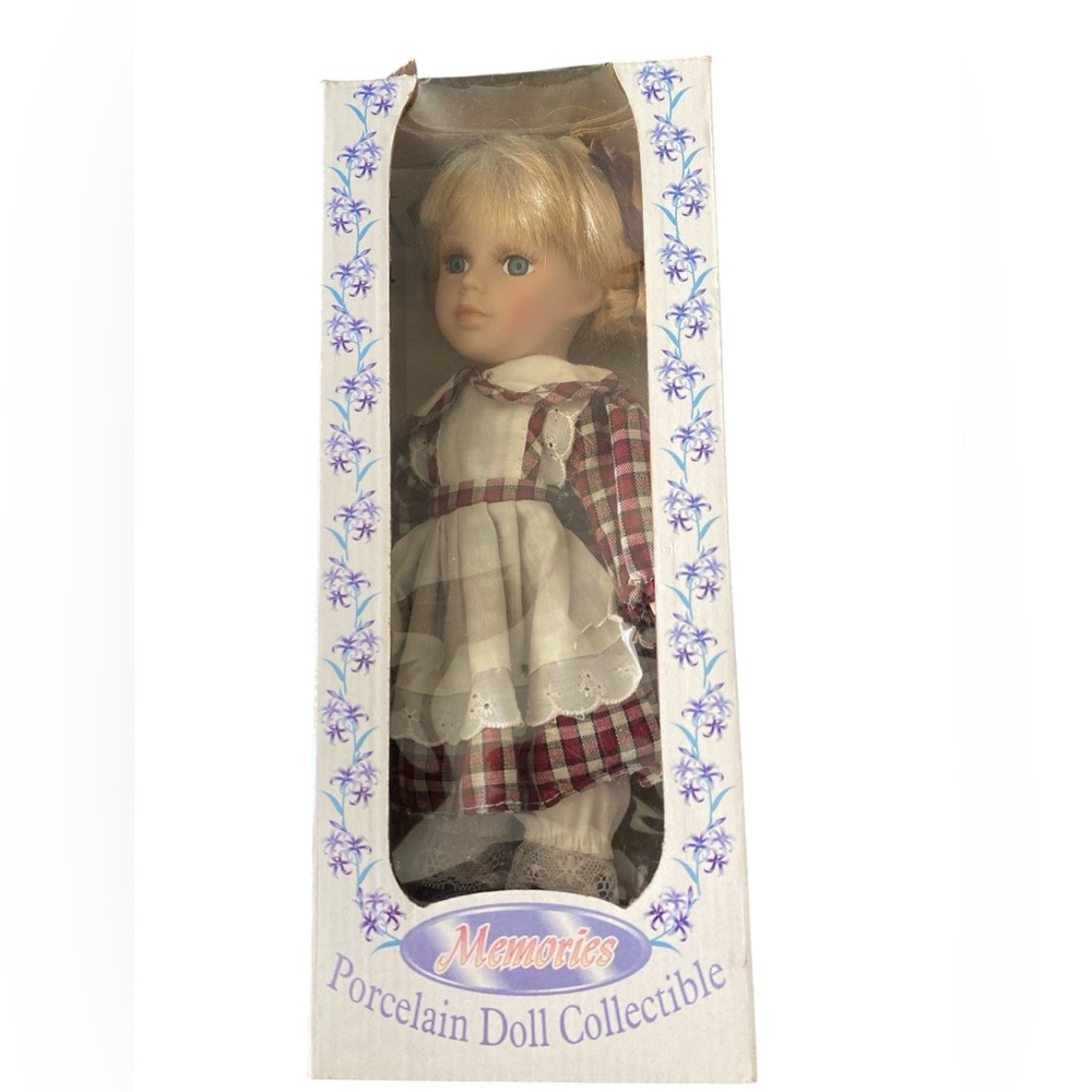 Memories Collectible Porcelain Doll Vintage 90s Blonde Blue 11 inch With Stand
